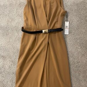 Calvin Klein Tan Midi Dress with Black Belt